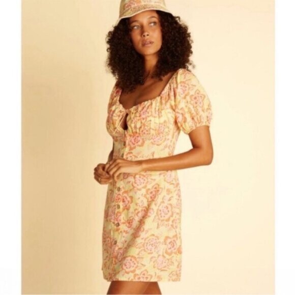 Billabong x Wrangler | Far Away Puff Sleeve Dress Yellow Floral Print New XS - Picture 4 of 7